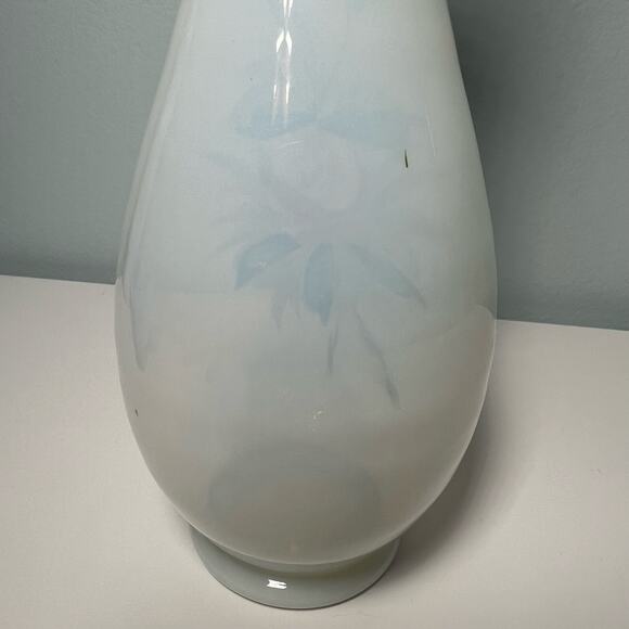 Vintage 40s White Opaline Glass Hand Painted Vase Blown Art Glass Floral - Picture 5 of 12